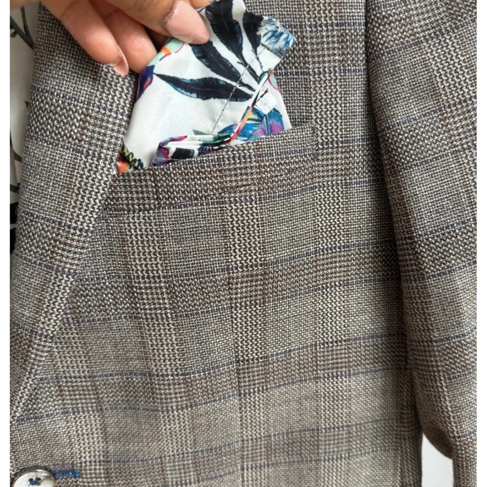 Paisley & Gray 36R Brown Plaid Blazer Floral Lining Wool Blend Sport Coat